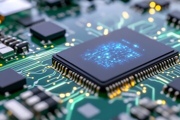 Digital data flows on CPU; tech background