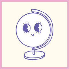 Minimalist doodle of a globe with a smiling face, large cartoon eyes, and pastel colors, conveying a cheerful and friendly vibe, Vector Illustration