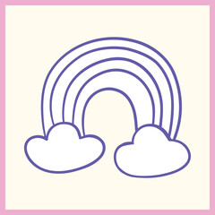 Minimalist doodle of a rainbow with two fluffy clouds, outlined in purple with a pastel pink border on a light background, Vector Illustration