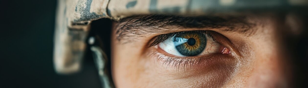 Soldier's intense gaze military base portrait close-up emotional depth focused perspective