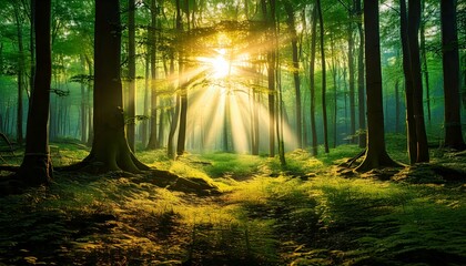 Obraz premium Forest background with morning sunlight