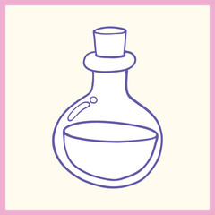 Simple hand-drawn outline of a round potion bottle with liquid inside, featuring a cork stopper and a pastel pink border, Vector Illustration