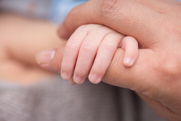 Newborn baby human little fingers and hands being held close up