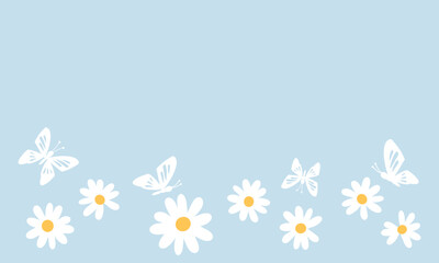 Daisy flower icon set and butterfly cartoons on blue background vector.