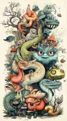 A vibrant illustration featuring a collection of fantastical creatures in a forest