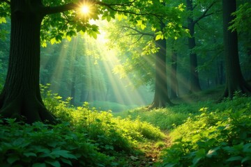 Lush green forest with sunlight dappling leaves, twig, nature, bush