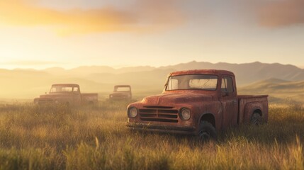 Fototapeta premium Rustic charm, vintage trucks in a serene field setting