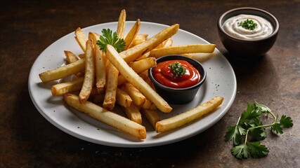 A plate of crispy golden brown French fries topped with freshly chopped parsley and lightly seasoned with salt and pepper. Generative AI.