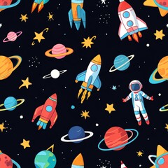 Cosmic Rockets and Planets: A vibrant space adventure seamless pattern design, featuring colorful rockets, planets, stars, and a cheerful astronaut.