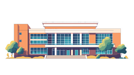 A stylized vector illustration depicting the front facade of a modern, rectangular building. The building is primarily light orange/peach with large, clear blue windows spanning across