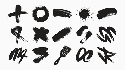 High-Quality Digital Illustration of Distinct Black Paint brush Strokes Arranged in a Grid with Diverse Textures and Artistic Styles on a Clean White Background