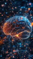 Fototapeta premium A digital hologram of an artificial intelligence brain surrounded by glowing network connections