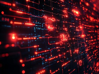 Abstract network nodes interconnected, automated threat detection system, digital security concept, glowing lines, cyber defense theme, modern tech art