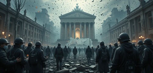 a dramatic dystopian scene: soldiers in a ruined city square facing a monumental building. rebellion, revolution, and the fight for freedom. perfect for sci-fi, fantasy, and dystopian projects.