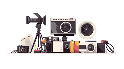 A digital illustration depicting a collection of various photography and videography equipment against a white background.  The equipment includes several cameras of different styles and