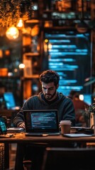 A professional coder surrounded by notebooks, coffee, and a glowing laptop screen in a tech coworking space