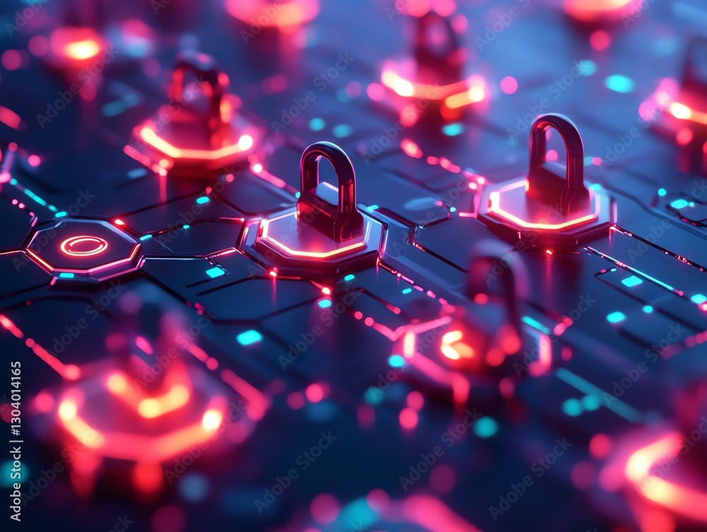 Poster Digital network nodes and connections, automated threat detection, cybersecurity visualization, glowing data flow, modern hightech security design