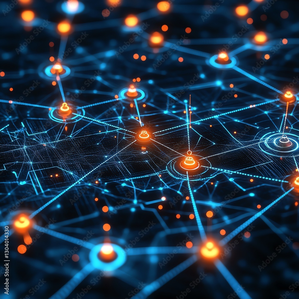 Poster Interconnected cybersecurity network nodes, automated threat detection, glowing connections, hightech abstract digital visualization of security systems
