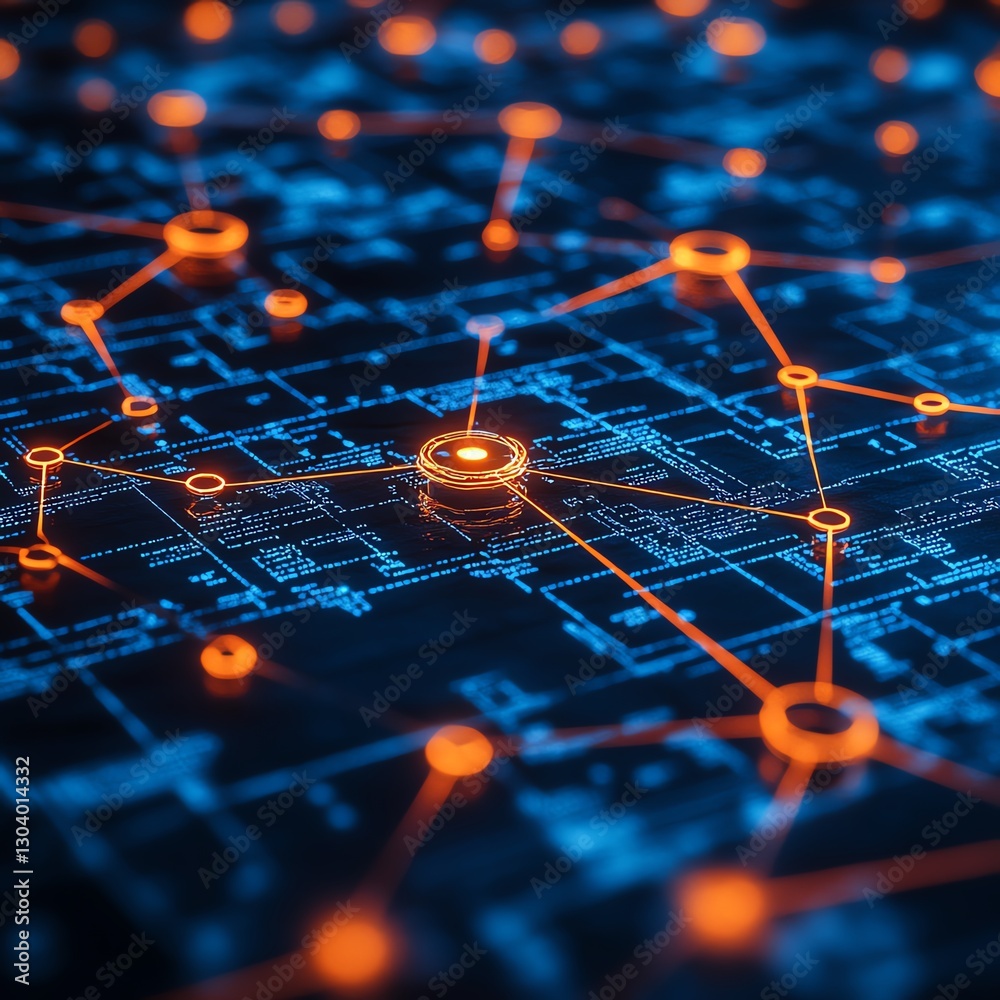 Aufkleber Interconnected cybersecurity network nodes, automated threat detection, glowing connections, hightech abstract digital visualization of security systems