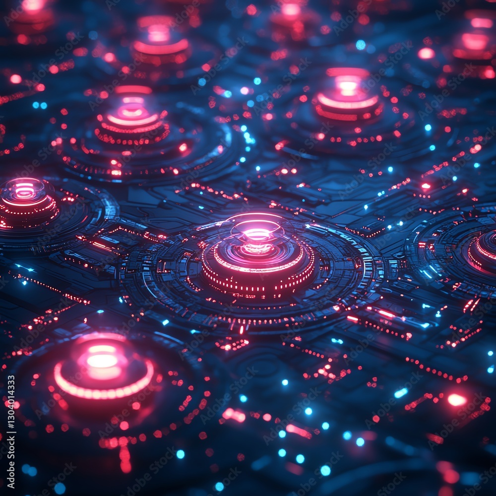 Poster Futuristic network of glowing nodes, automated cybersecurity threat detection, digital defense system, hightech connected grid, cyber security visualization