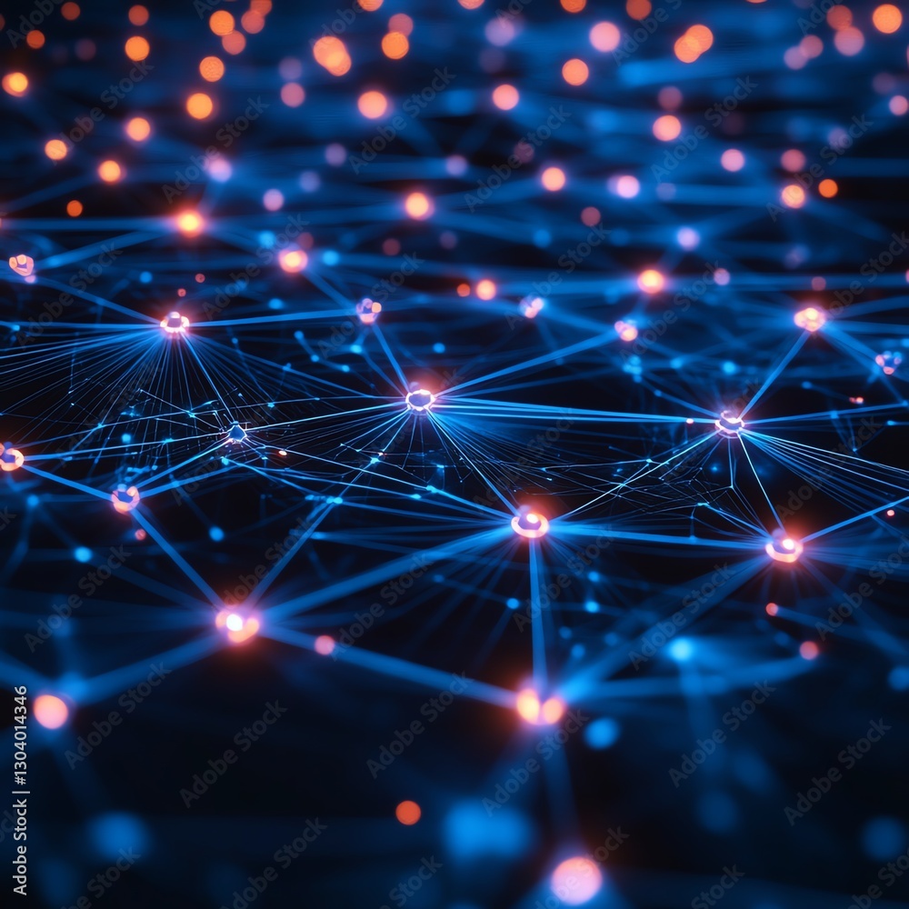 Poster Interconnected network nodes representing automated threat detection in cybersecurity, data flow, glowing connections, modern abstract tech design