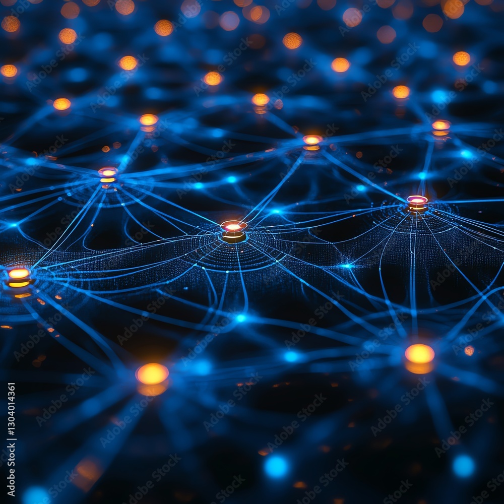 Poster Interconnected network nodes representing automated threat detection in cybersecurity, data flow, glowing connections, modern abstract tech design