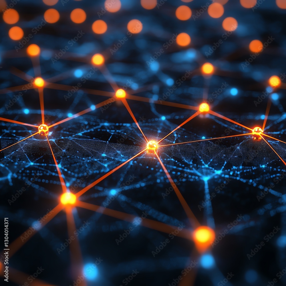 Poster Interconnected network nodes representing automated threat detection in cybersecurity, data flow, glowing connections, modern abstract tech design