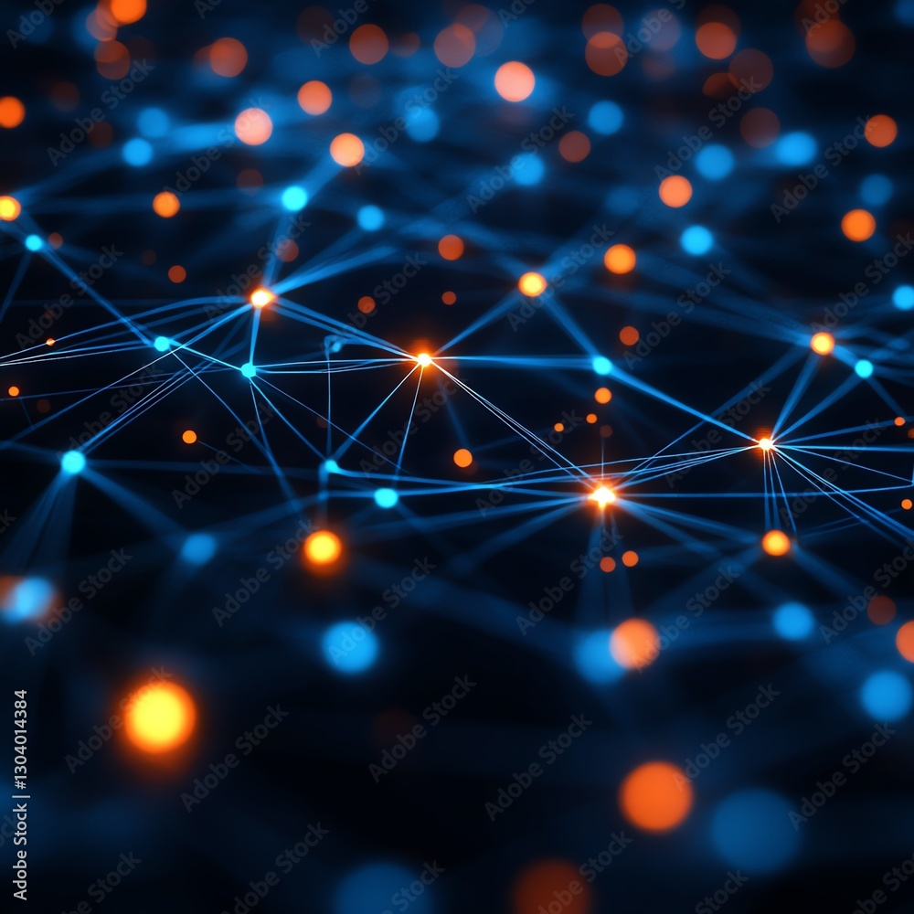 Poster Interconnected network nodes representing automated threat detection in cybersecurity, data flow, glowing connections, modern abstract tech design
