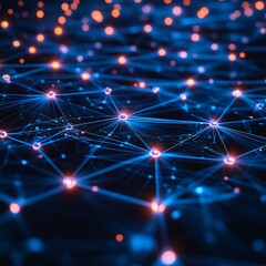 Interconnected network nodes representing automated threat detection in cybersecurity, data flow, glowing connections, modern abstract tech design