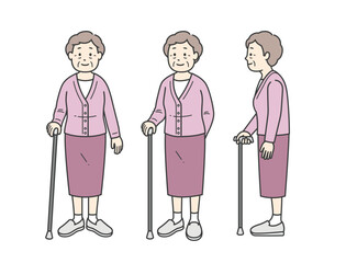 杖をつく後期高齢女性の全身イラスト
