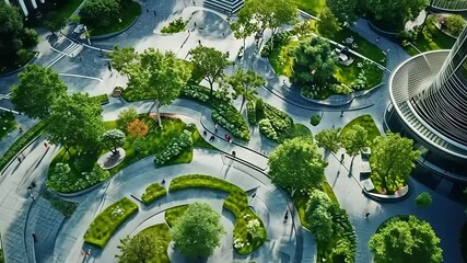Aerial view of a vibrant urban park with winding paths and lush greenery, showcasing leisurely activities
