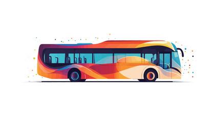 A stylized illustration of a bus rendered in a vibrant, abstract style. The bus is depicted in a side profile view, showcasing a smooth, flowing design with a blend of warm and cool