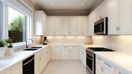functional galley style kitchen featuring integrated appliances, white cabinetry, and modern design elements. bright space is enhanced by natural light and sleek finishes