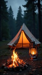 Rustic monochrome tent, campfire, & vintage lantern , adventure, wood