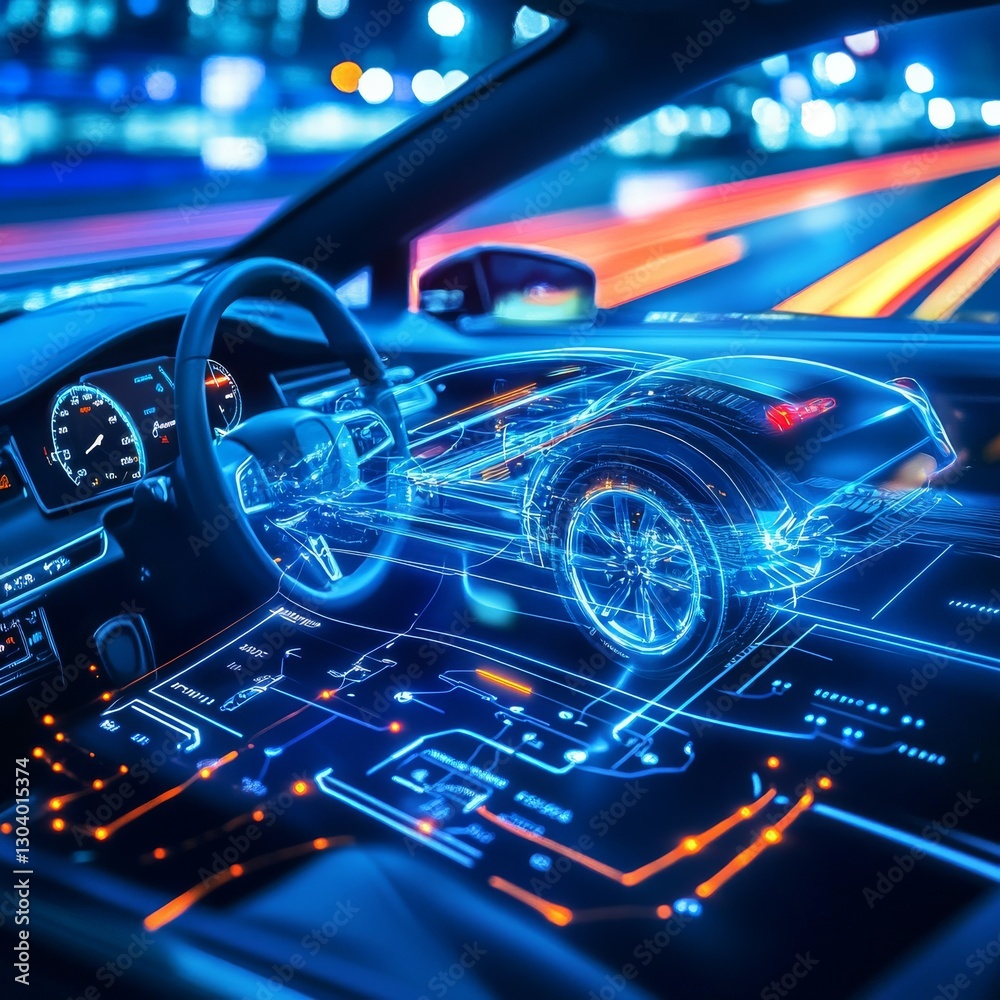 Aufkleber futuristic car cockpit: navigating the cityscape with advanced technology and holographic interface 