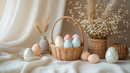 Obraz premium Easter decorations boho style. Pastel Easter eggs in a wicker basket surrounded by decorative elements and dried flowers