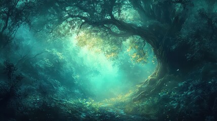 Obraz premium A mystical forest scene illuminated by ethereal light and nature