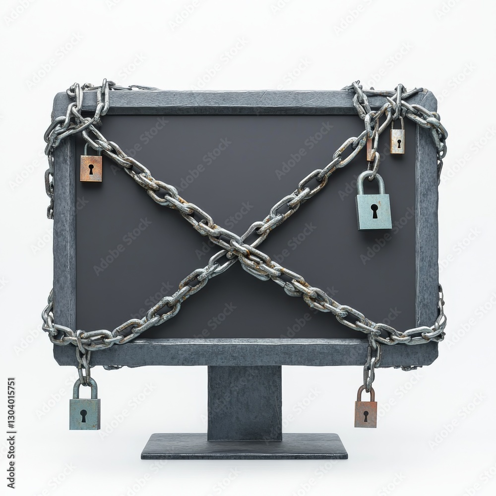 Aufkleber Secured Computer: Padlocks and Chains around a Dark Screen Symbolizing Cyber Security and Data Protection Online 