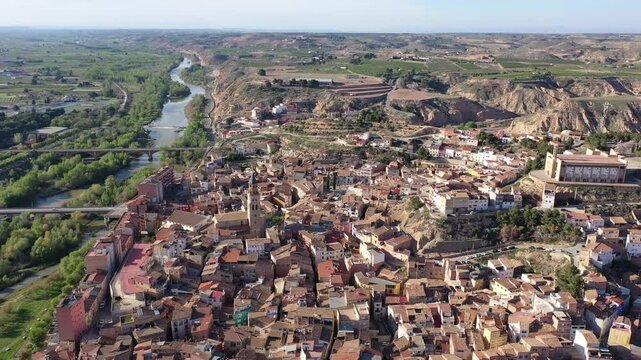 Aerial townscape of Fraga, comarca of Bajo Cinca, province of Huesca, Aragon, Spain.