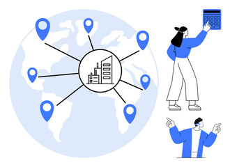 Circular diagram connecting business hub to multiple global locations, accompanied by team members analyzing data. Ideal for logistics, teamwork, communication, strategy, globalization, business