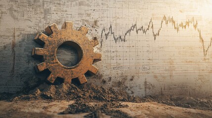 Fototapeta premium Rusty gear against a textured wall with a faint graph line.
