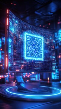 Clean, futuristic depiction of a scanning process with a smartphone, glowing QR code displayed on a curved monitor