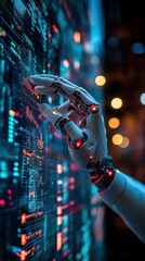 Close-up of a robotic hand interacting with holographic AI data charts