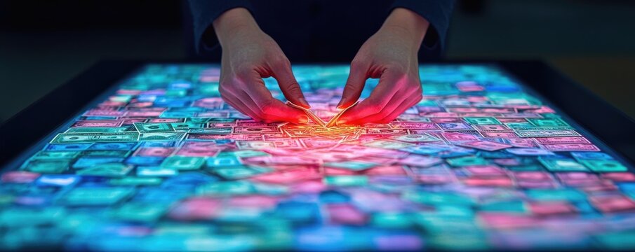 Interactive digital display with hands manipulating colorful tiles.