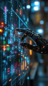 Close-up of a robotic hand interacting with holographic AI data charts