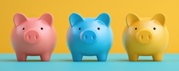 Colorful piggy banks on a vibrant background for saving money concepts.