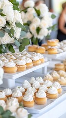 Elegant dessert table, wedding reception, outdoor