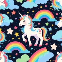 Fototapeta premium Magical Unicorn Rainbow Dreamscape: A whimsical pattern featuring adorable unicorns, vibrant rainbows, and twinkling stars against a dark, enchanting backdrop.