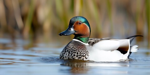 Fototapeta premium Eurasian Wigeon swims marsh, reeds background, nature