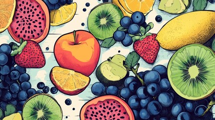 Colorful fruit assortment on wooden table, healthy eating concept, food blog (1)